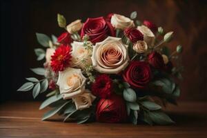 AI generated Red roses with green leaves.  photo