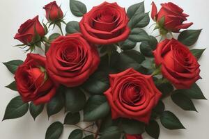 AI generated Red roses with green leaves.  photo