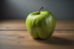 AI generated Green apple on a wooden background.  photo