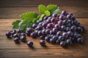 AI generated Bunch of fresh grapes on wooden table. Vintage style toned picture. photo