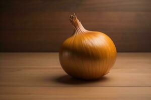 AI generated onion on a wooden background.  photo