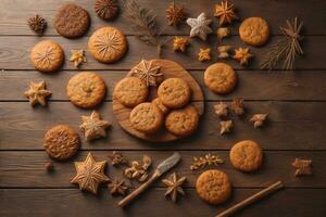 AI generated biscuits chip cookies on wooden background. photo