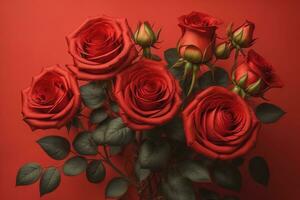 AI generated Red roses with green leaves.  photo