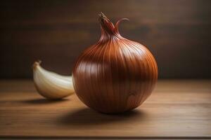 AI generated onion on a wooden background.  photo