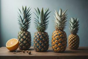 AI generated Pineapples on a wooden background.  photo