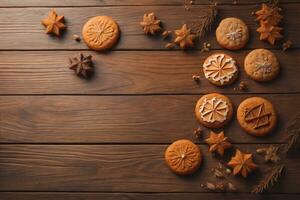 AI generated biscuits chip cookies on wooden background. photo