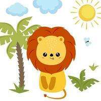 Vector illustration, adorable lion is sitting in jungle palm