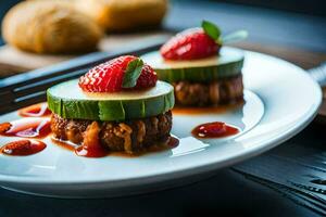 AI generated two slices of cucumber and strawberries on a plate photo