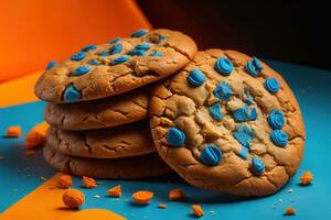 AI generated Chocolate chip cookies on orange background. Close up. Selective focus. ai generative photo