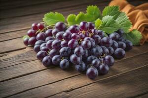 AI generated Bunch of fresh grapes on wooden table. Vintage style toned picture. photo