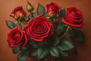 AI generated Red roses with green leaves.  photo