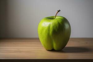 AI generated Green apple on a wooden background.  photo