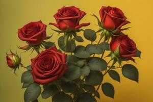 AI generated Red roses with green leaves.  photo