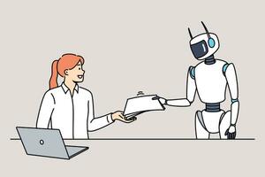 Robot assistant helps woman office worker by handing over documents and eliminating paperwork vector