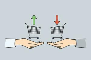 Traders hands with consumer baskets and up or down arrows symbolize buying and selling bonds vector