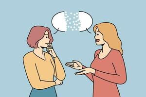 Dialogue between two women gossiping about plans for future, standing near speech bubble vector
