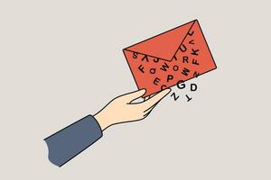 Envelope with letter in hand of person sending message with letters falling out. vector