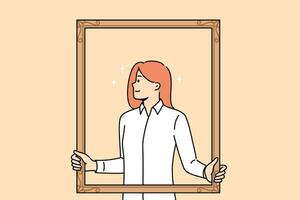 Proud woman poses for portrait looking to side, wanting to get on board with best employees vector