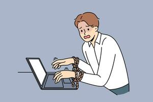 Business man has fallen into slavery from work, and suffers, standing near laptop with hands tied vector