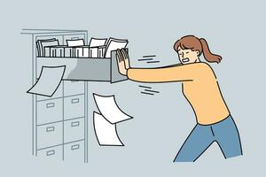 Woman closes overflowing filing cabinet, suffering from overabundance of paperwork and bureaucracy vector