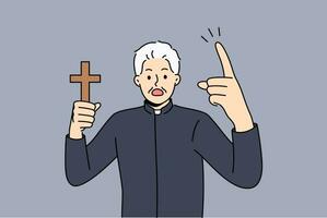 Angry priest with wooden christian cross shouts, urging think about approaching day of judgment vector