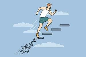 Ambitious man runs up crumbling staircase, striving to achieve goal and demonstrating lack of fear vector