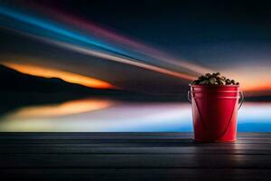 a red bucket with nuts on the dock at sunset. AI-Generated photo