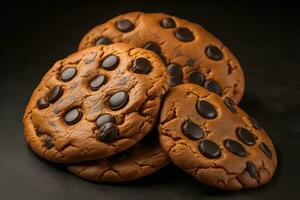 ai generado chocolate chip galletas en naranja antecedentes. cerca arriba. selectivo enfocar. ai generativo foto