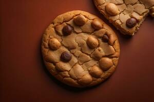 ai generado chocolate chip galletas en naranja antecedentes. cerca arriba. selectivo enfocar. ai generativo foto