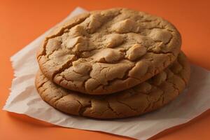 AI generated Chocolate chip cookies on orange background. Close up. Selective focus. ai generative photo