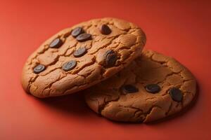 ai generado chocolate chip galletas en naranja antecedentes. cerca arriba. selectivo enfocar. ai generativo foto