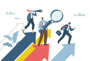 Vision and finding business goals, Investment and future market growth forecast, Path to develop investment returns, Team of businessmen holding binoculars and magnifying glass standing on arrows. vector