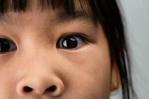 hermosa ojos de un pequeño asiático niña de cerca. disparo a la cabeza recortado imagen de un muchachas ojos demostración sorprendido expresión. foto