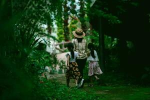 encantador hija y madre caminando mano en mano en Roca camino en botánico jardín con verde plantas y vistoso flores alrededor. foto