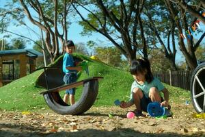 linda hermanas jugando en el salvadera a el al aire libre patio de recreo juntos. creativo al aire libre ocupaciones para niños foto