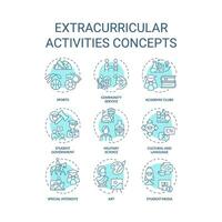 Collection of 2D editable blue thin line icons representing extracurricular activities, isolated simple vector, linear illustration. vector