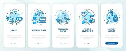 2D icons representing extracurricular activities concepts mobile app screen set. Walkthrough 5 steps blue graphic instructions with thin line icons concept, UI, UX, GUI template. vector