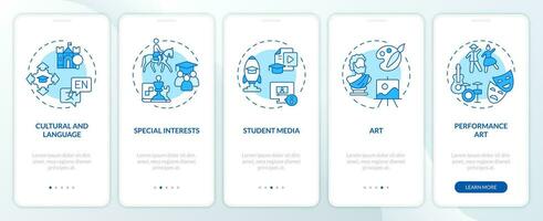 2D icons representing types of extracurricular activities mobile app screen set. Walkthrough 5 steps blue graphic instructions with thin line icons concept, UI, UX, GUI template. vector