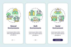 2D icons representing types of environment in psychology mobile app screen set. Walkthrough 3 steps multicolor graphic instructions with line icons concept, UI, UX, GUI template. vector