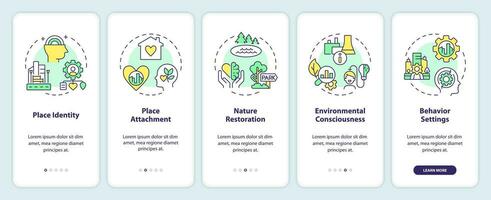 2D icons representing environmental psychology concepts mobile app screen set. Walkthrough 5 steps multicolor graphic instructions with thin line icons concept, UI, UX, GUI template. vector