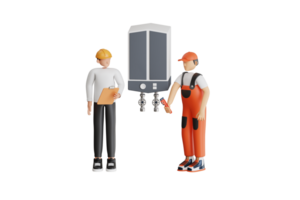 3d illustratie van professioneel ingenieur repareren boiler. boiler onderhoud 3d illustratie png