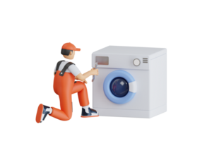 3d illustration of technician repairing washing machine at home. repairing washing machine 3d illustration png