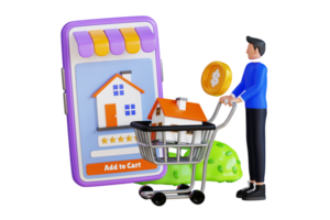 3d illustration de garçon ajoute une maison à sa achats Chariot. homme est achat maison en ligne 3d illustration png