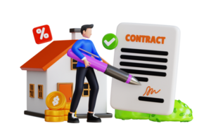3d illustration of man sign contract after buying home. signing house contract 3d illustration png