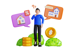 3d illustration of man confused about choosing a house. A man confused and thinking about choosing house.  3d illustration png