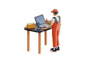 laptop reparatie onderhoud 3d illustratie. technicus reparatie laptop 3d illustratie png