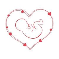 Drawing of a baby embryo in a heart with hearts around it. Newborn baby icon, postcard, vector