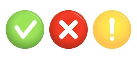 Green tick sign, red cross icon and yellow warning sign. Isolated check marks, checklist signs, approval icon. Vector