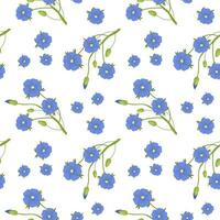 Seamless pattern, twigs with blue flax flowers on a white background. Print, background, vector