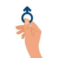 A hand holds a blue male symbol. The sign of the masculine principle in the hand. Illustration, vector